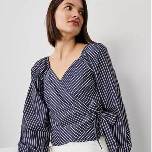 StripedAnn Taylor  Navy Wrap Top L